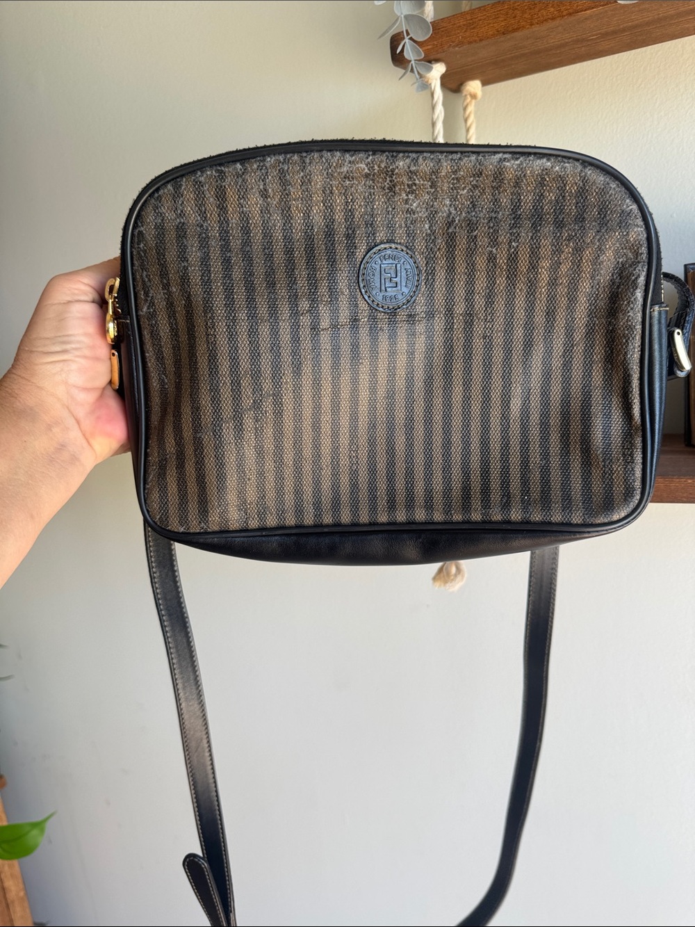 Fendi Penguin Black Brown Striped Canvas Crossbody